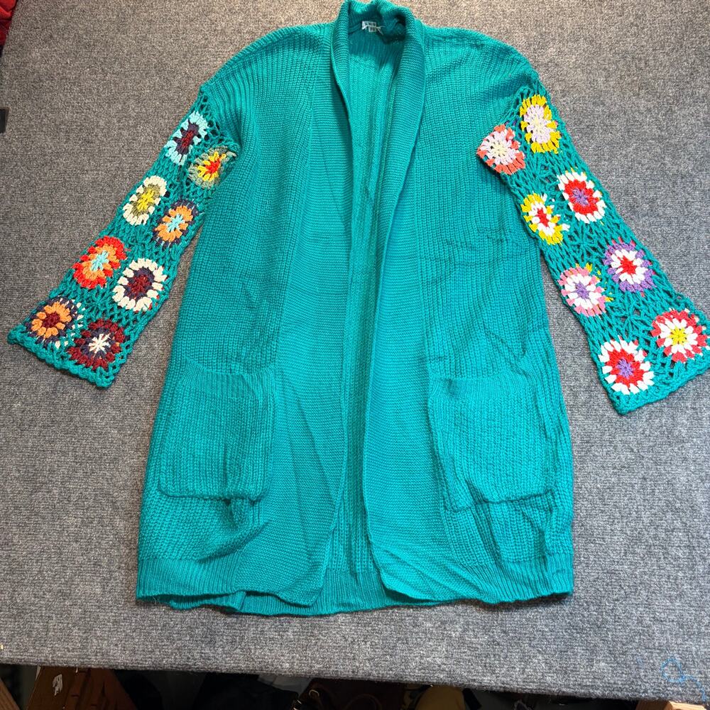 Blakely Womens PS Petite Small Teal Green Granny Square Crochet Sleeve Cardigan